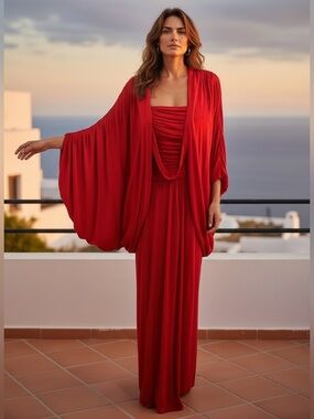 70s 2PC JILL RICHARDS SILK JERSEY RED KNIT BATWING DRAMA RUCHE JACKET & GOWN 12